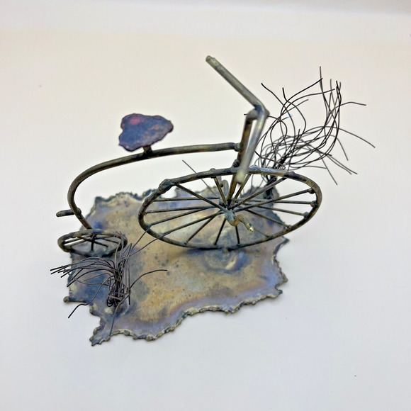 Vintage Metal Art Sculpture Copper Rust Tin High Wheel Bicycle Retro MCM Signed - Picture 2 of 6